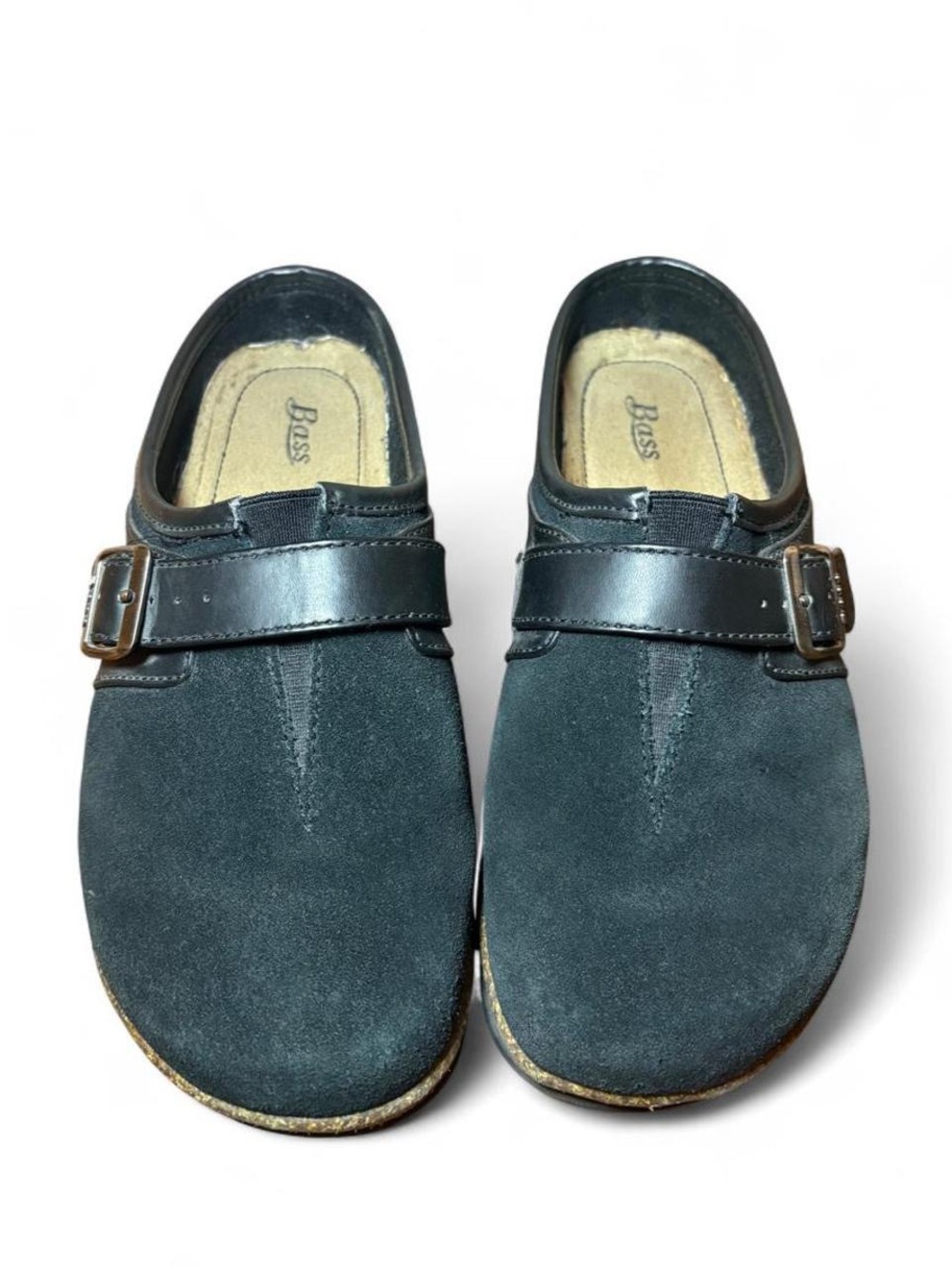 Bass | Celeste | Black Suede | Leather Buckle Cork Mules | sized 8 | EUC